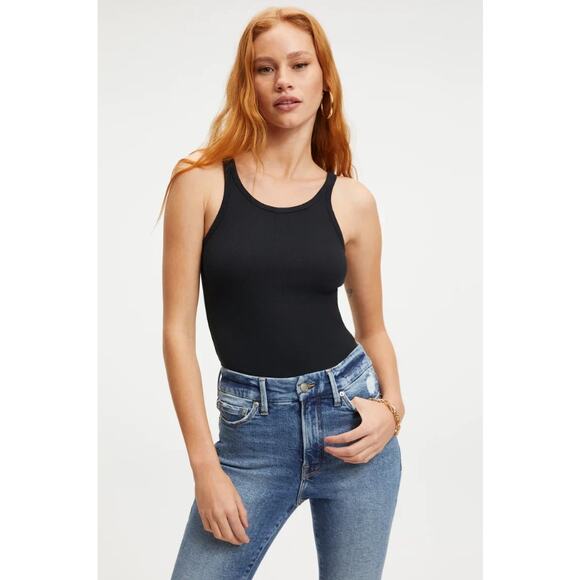 GOOD AMERICAN Women's Ribbed Racerback Tank Bodysuit Size 3 Large Black NWT - Picture 1 of 12